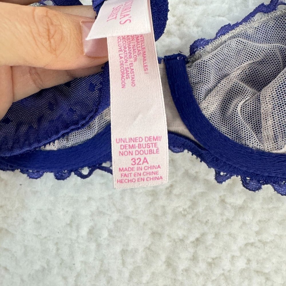 Victoria's Secret Purple Lace Demi Cut Bra Womens Unlined Underwired Size 32-A - Picture 6 of 8